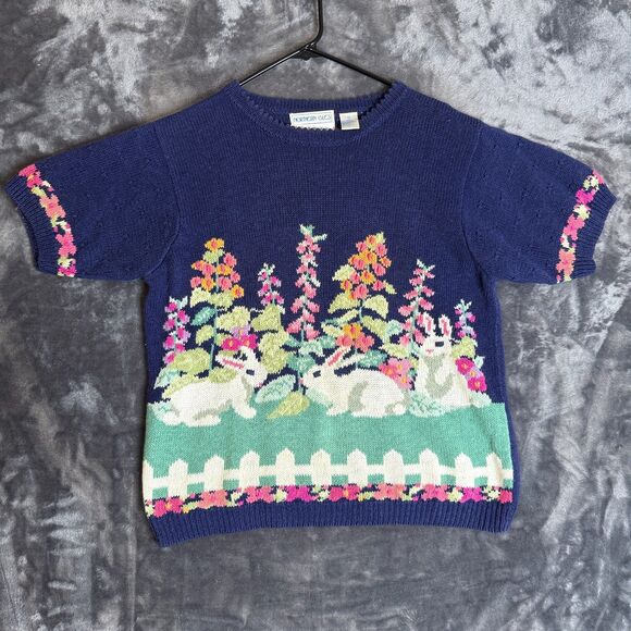 Northern Isle Large Hand Embroidered Easter Theme Short Sleeve Pullover Floral - Picture 1 of 7